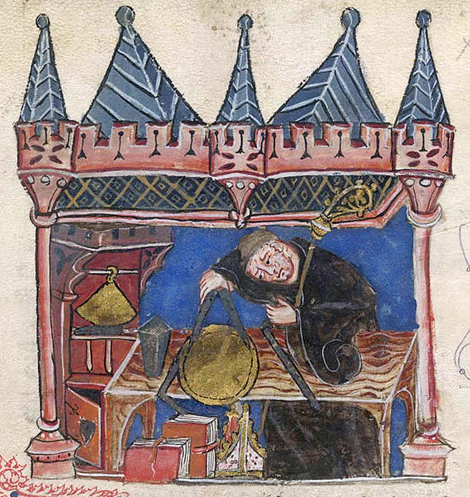 El astrólogo y astrónomo medieval Ricardo de Wallingford aparece en esta ilustración del siglo XIV midiendo un ‘equatorium’ con un compás. (Public Domain)