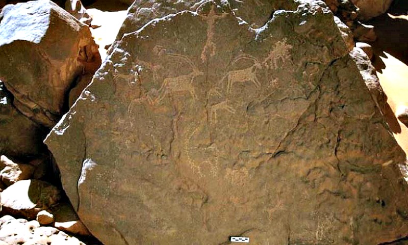 Roca de Gilf Kebir en cuyos grabados se pueden ver unos perros atacando a tres oryx (antílopes) bajo un hombre que observa la escena con los brazos abiertos. (Fotografía: La Gran Época/TARA)
