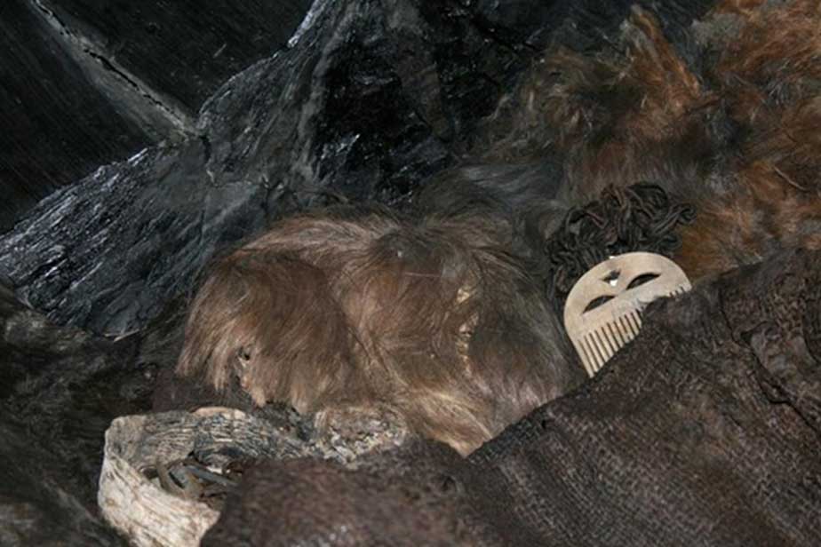 Cabello y ropajes hallados en el ataúd de la muchacha de Egtved. (Fotografía: Karin Margarita Frei, Museo Nacional de Dinamarca)