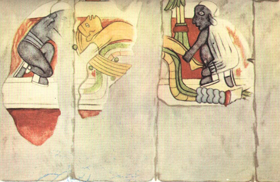 Murales de Chichén Itzá. Hombre de cabellos rubios a punto de ser sacrificado por dos hombres negros. (In the Cavity of a Rock)
