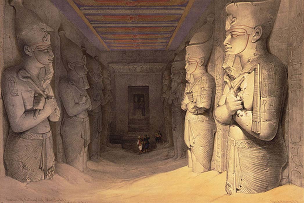 Otro grabado de la obra de David Roberts: la sala hipóstila de Abu Simbel con sus pilares osiriacos semienterrados (Dominio público)