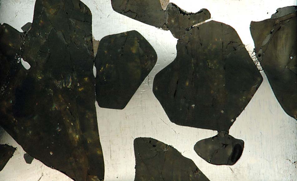 Secciones del meteorito de Fukang (pallasita) cortadas y pulimentadas. (CC BY 2.0)