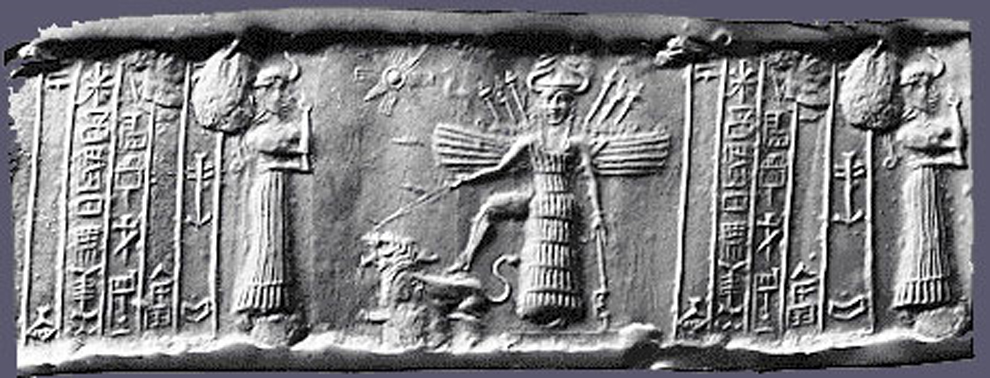 Sello cilíndrico en el que aparece representado el descenso de Inanna al inframundo (The Oriental Institute, Universidad de Chicago)