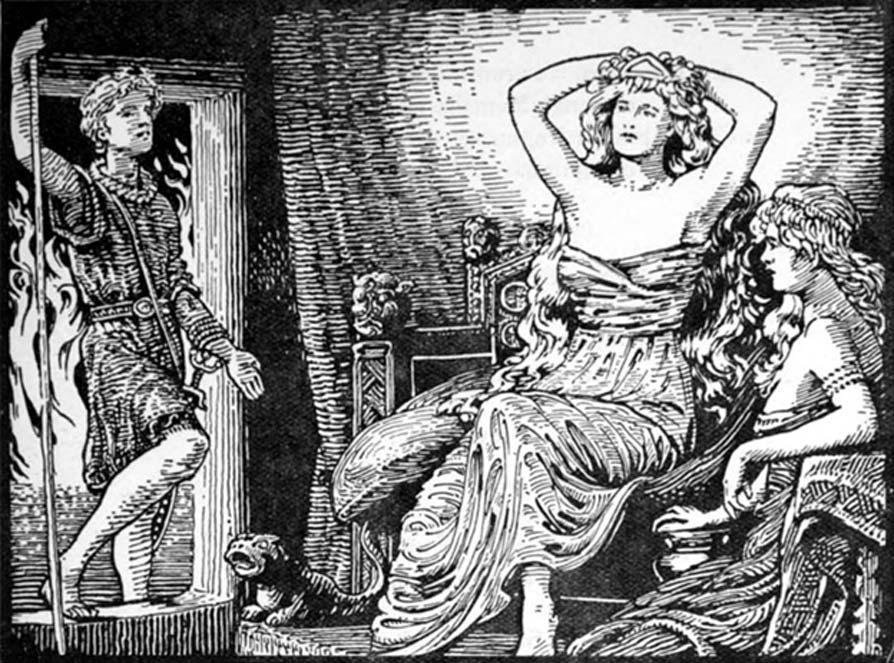 Skirnir comunica a Gerdr el mensaje de Freyr (1908), ilustración de W. G. Collingwood. (Dominio público)