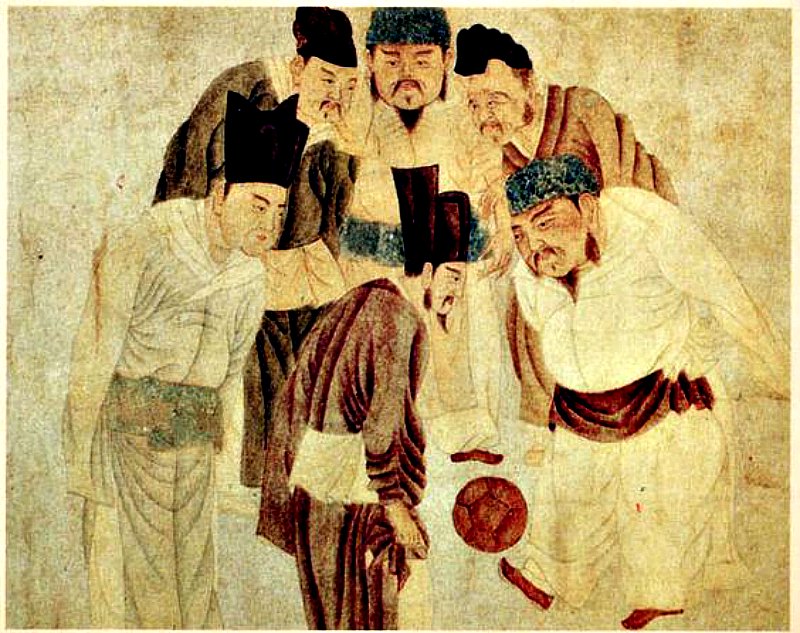  Song Taizu jugando al ‘cuju’ con su primer ministro Zhao Pu (趙普) y otros miembros de su gabinete. Pintura realizada durante la dinastía Yuan por el artista Qian Xuan (1235-1305). (Imagen: La Gran Época)
