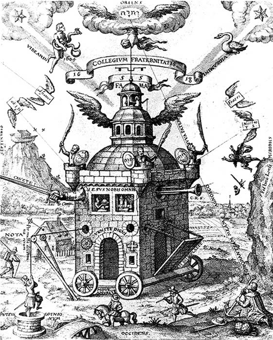 Ilustración del ‘Speculum Sophicum Rhodostauroticum’ en la que aparece representado el Colegio Invisible. En la esquina superior izquierda brilla la nueva estrella de 1604 junto a Ofiuco, el portador de la serpiente, símbolo de la constelación en la que apareció. (Public Domain)