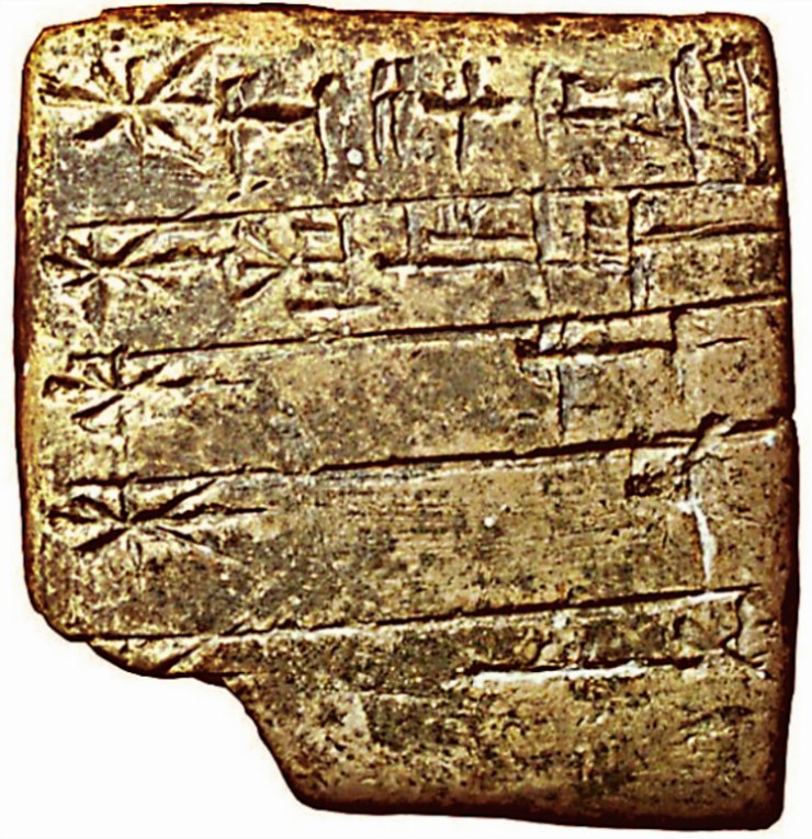 Lista de dioses sumerios en escritura cuneiforme. El nombre de Enlil aparece el primero (empezando por la esquina superior derecha), y aparece representado por el símbolo de un disco solar. (Siglo XXIV a. C.) (Public Domain)