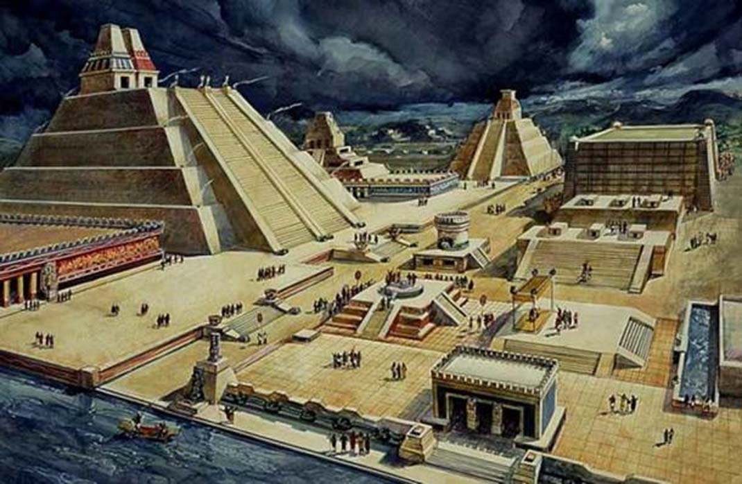 Este dibujo de Diego Rivera nos muestra el posible aspecto de parte de la antigua ciudad azteca de Tenochtitlán. (Dominio público)