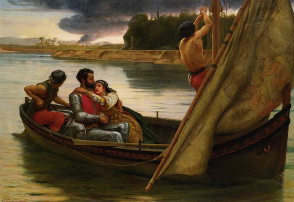 Travesía del Rey Arturo y Morgana Le Fay rumbo a la isla de Avalon, óleo de Frank William Warwick Topham (1838-1924). (Public Domain)