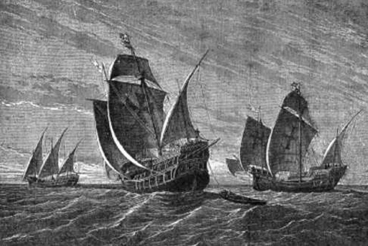 Las tres naves de Colón en una pintura del alemán Gustav Adolf Closs realizada en 1892. Curiosamente, La Niña aparece a la izquierda con vela latina (triangular). (Public Domain)