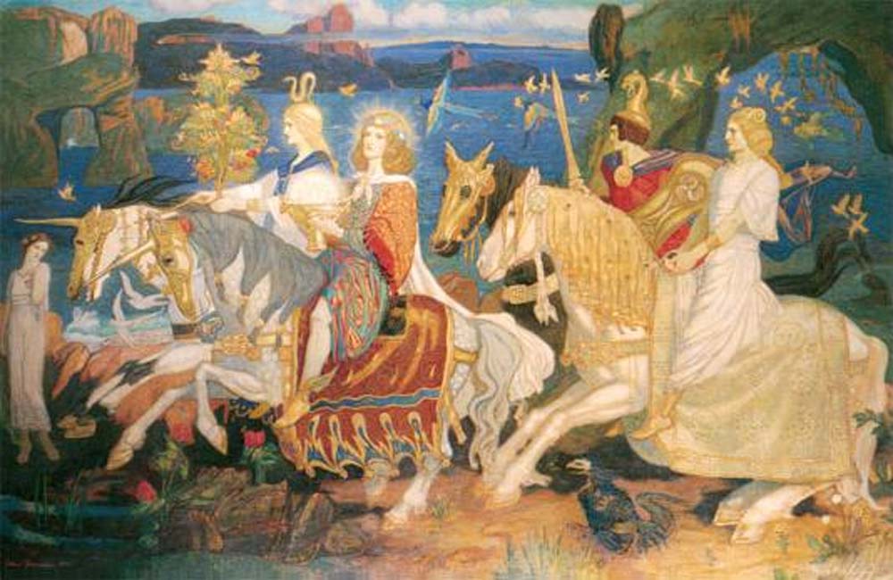 Los Tuatha Dé Danann en la témpera de John Duncan “Los jinetes del Sidhe” (1911). (Public Domain)