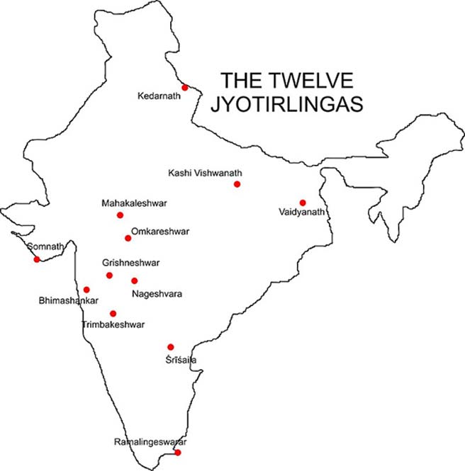 Ubicaciones de los 12 templos Jyotirlinga en la India. (Dominio público)