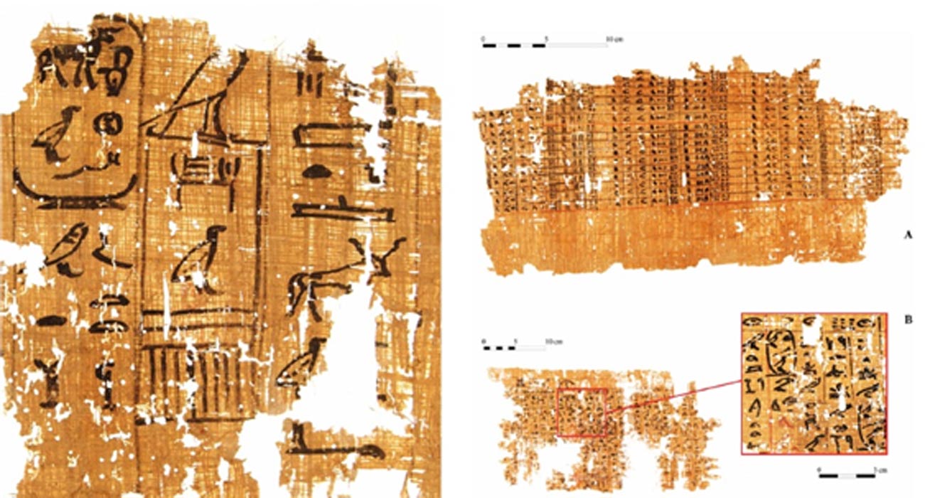 Izquierda: Parte de un papiro inscrito con un documento datado en el reinado de Khufu (13º recuento de ganado). (G. Pollin) Derecha: Documento escrito sobre un papiro (A) y detalle de una página del “diario” del inspector de obras Merer (B), en el que se menciona el “Horizonte de Khufu.” (G. Pollin)