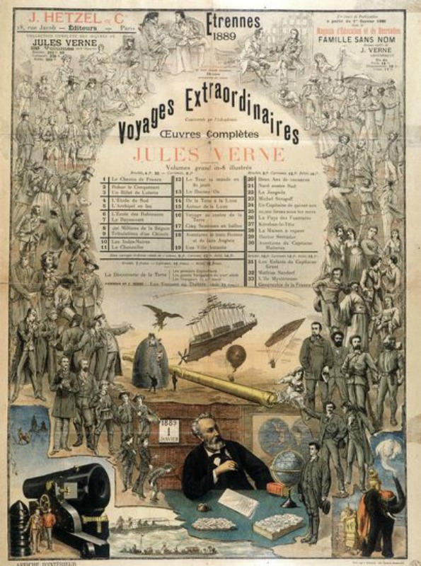 Póster encargado por Pierre-Jules Hetzel en 1889 para anunciar la serie de novelas de Julio Verne “Viajes extraordinarios”. (Public Domain)