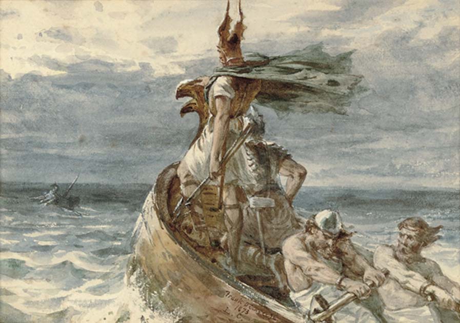 Guerreros vikingos se dirigen a tierra para desembarcar, óleo de Frank Dicksee, 1873 (Dominio público)