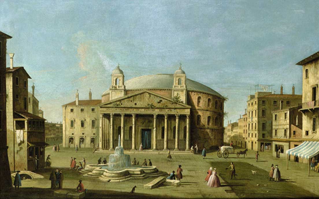 Vista del Panteón de Roma atribuida al Maestro de las Vistas de la Fundación Langmatt, óleo pintado en torno al 1760 (Dominio público)