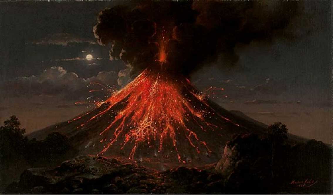 Erupción nocturna del volcán Merapi. (1865) Óleo de Raden Saleh. (Dominio público)