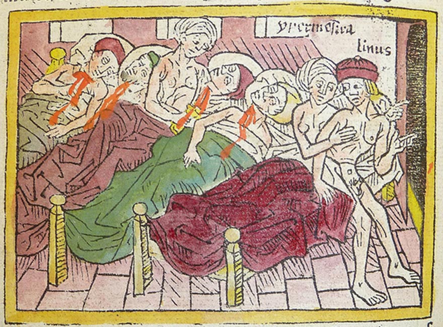 En esta xilografía medieval se observa cómo las Danaides asesinan a sus maridos, mientras que una de ellas aconseja al suyo que huya. (kladcat/CC BY 2.0)