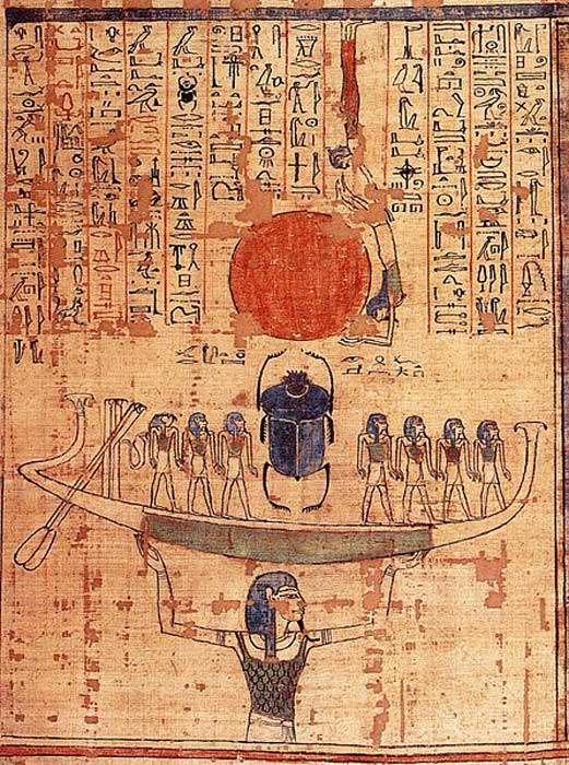 Nun, dios de las aguas del caos, alza la barca del dios sol Ra (representado tanto por el escarabajo como por el disco solar) en los cielos, en el principio de los tiempos. (Public Domain)