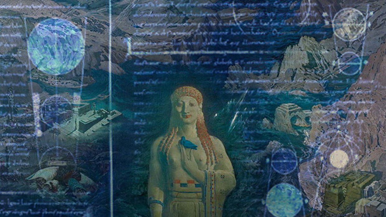 Portada - Terror Antiquus, óleo de L.Bakst (1908) (Public Domain). Superpuestas, imágenes de un manuscrito medieval traducido al latín del diálogo de Platón ‘Timeo.’ (Public Domain).