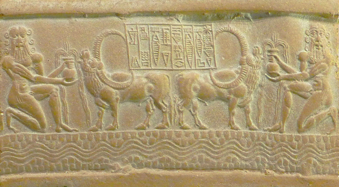 Portada - Sello cilíndrico de Ibni-Sharrum. Héroes al servicio de Ea abrevando a sus búfalos. Museo del Louvre, París. (CC BY 3.0)