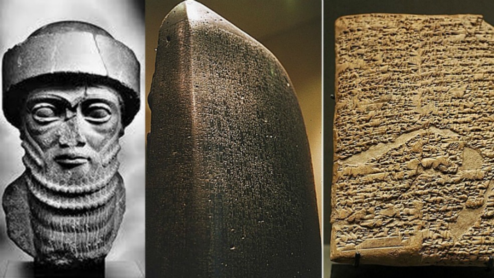 Portada - Fotocomposición con un busto de Hammurabi e imágenes de su famoso código. (Código Oculto)