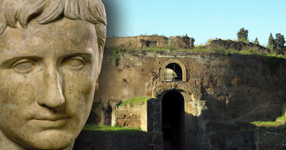 Portada - Mausoleo de Augusto, Campo de Marte, Roma (CC BY-SA 2.0) y retrato de Augusto que nos muestra la efigie del emperador con los rasgos idealizados. (Public Domain)