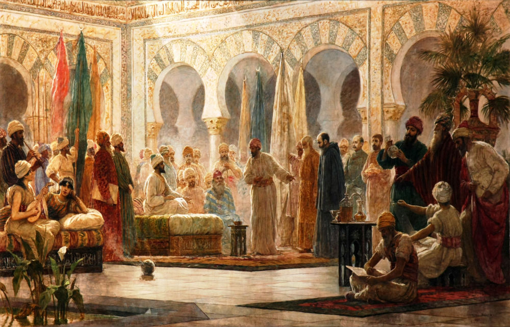 Portada - ‘La Corte de Abderramán’, óleo de Dionís Baixeras pintado en 1885 y ambientado en la Mezquita de Córdoba (Wikimedia Commons)