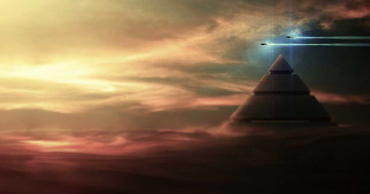 Portada - Representación artística de una pirámide sobrevolada por OVNIS. (Caçadores de Mistério)