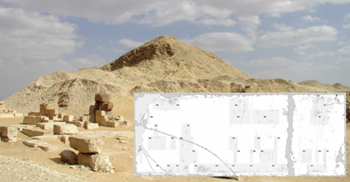 Portada - Pirámide de Pepi II con las pequeñas pirámides de las reinas Iput II, Neith y Udjebten. (Public Domain) Detalle: Piedra del Sur de Saqqara. (CC0)