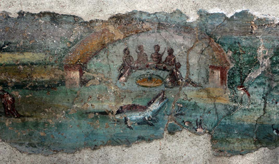 Portada - Una de las pinturas halladas recientemente en la Casa dell’Efebo de Pompeya en la que se observa una escena ambientada en el antiguo Egipto, con el río Nilo y un cocodrilo. (CC by SA 4.0)