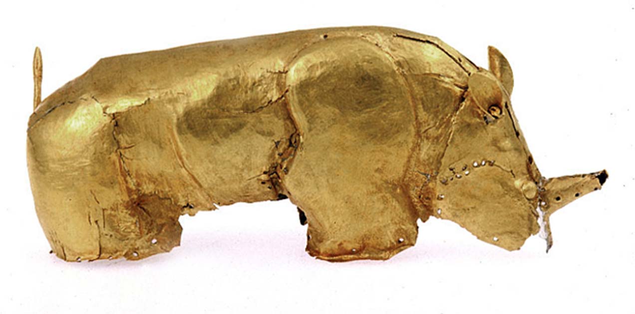 Portada - Rinoceronte de oro, fotografía aportada por Sian Tiley-Nel, comisario artístico de los Museos de la Universidad de Pretoria. (CC BY-SA)