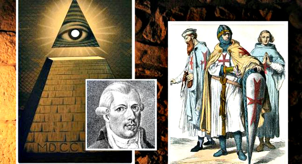 Portada - Composición: El “Ojo que Todo lo Ve” sobre una pirámide truncada, símbolo Illuminati por excelencia, retrato de Adam Weishaupt y caballeros templarios ( La Gran Época). 
