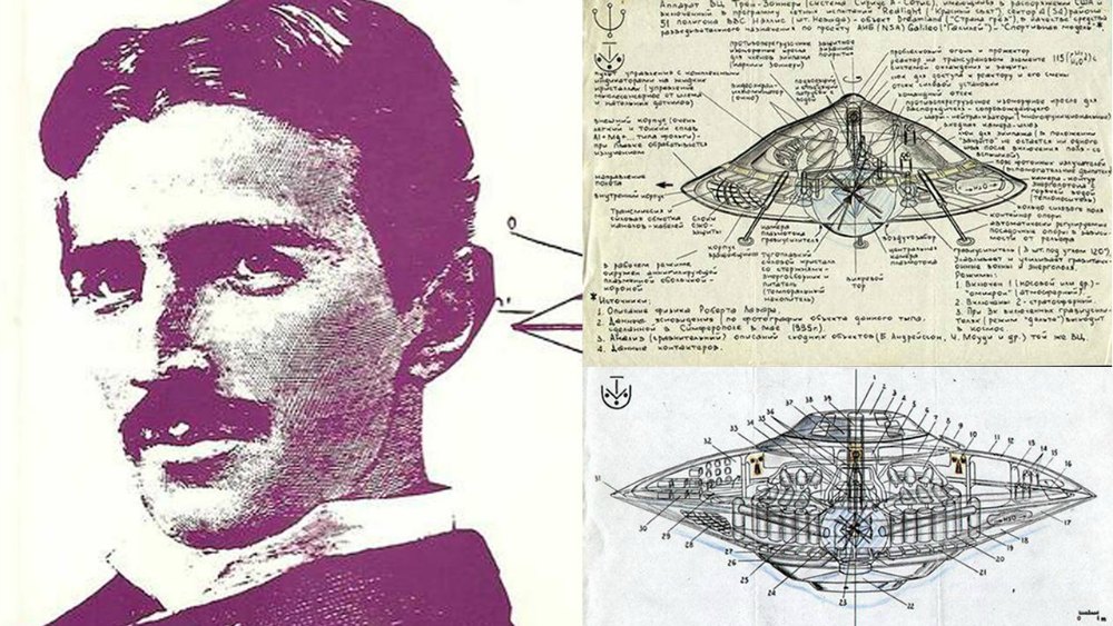 Portada - Retrato de Nikola Tesla junto a dos diseños de máquinas voladoras. (Código Oculto).