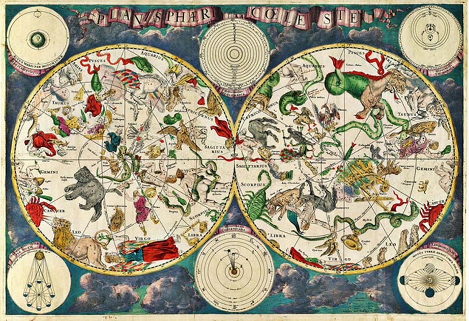 Portada - Antiguo mapa celeste en el que aparecen los hemisferios boreal y austral junto con las constelaciones y los signos del zodíaco. (Public Domain)
