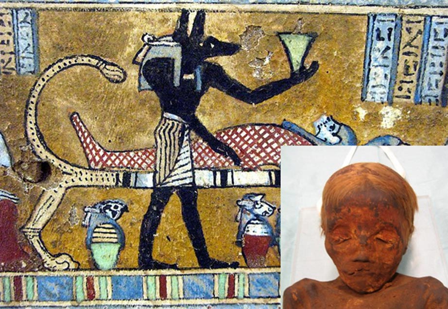 Portada - Anubis, supervisor del proceso de momificación. (CC BY SA 2.0). Abajo a la derecha: momia pelirroja de un niño de unos cinco años de edad. (Museo Británico)
