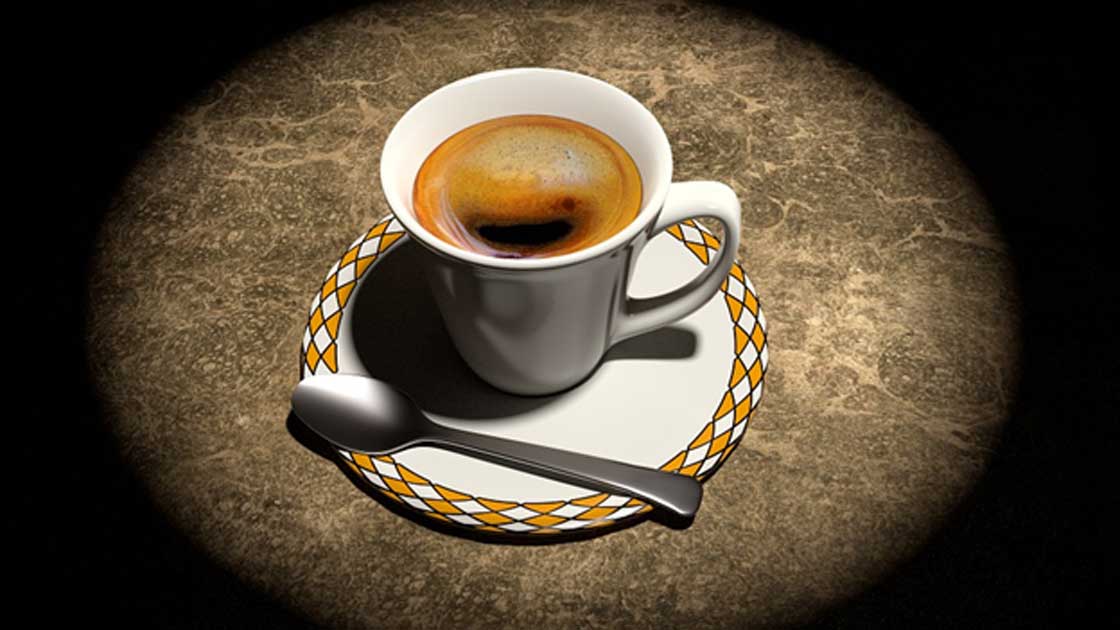 Portada - Bodegón con taza de café, imagen informática tridimensional. (Public Domain)
