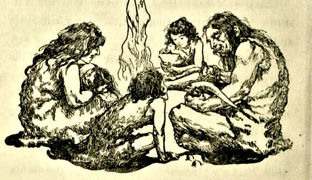 Portada - Dibujo de una familia de cavernícolas comiendo en torno al fuego. Imagen meramente representativa. (Public Domain)