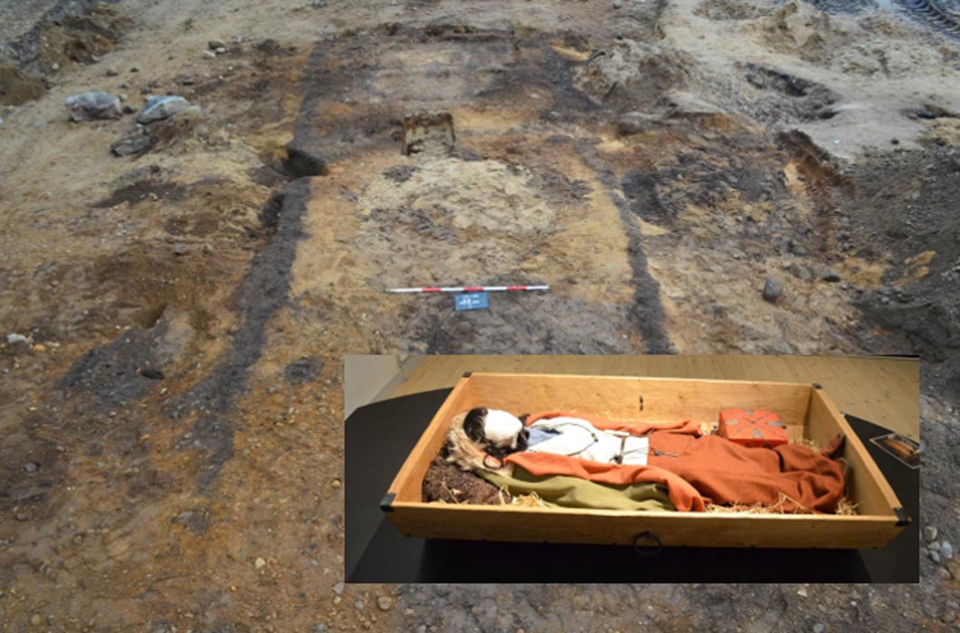 Portada - Principal – Croquis del sepulcro vikingo de hace 1.000 años hallado en el año 2012 en Dinamarca. Detalle – Recreación del posible aspecto de la mujer vikinga en el momento de ser enterrada. (Fotografía: Museo de Silkeborg)
