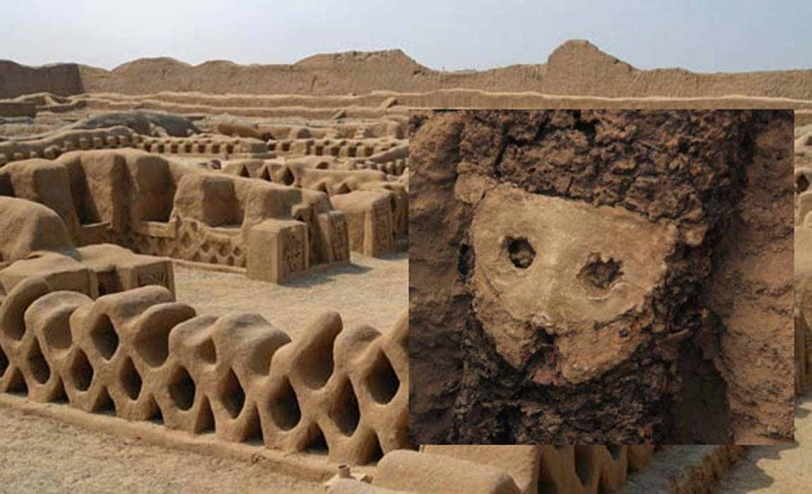 Portada - Principal: la antigua ciudad de Chan Chan. Inserta: una de las esculturas de madera recientemente descubierta (ANDINA)