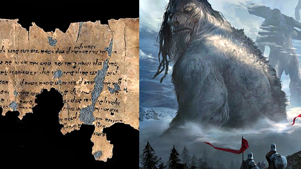 Portada - Fotocomposición. Izquierda, antiguo manuscrito. Derecha, ilustración de gigantes mitológicos (Código Oculto)