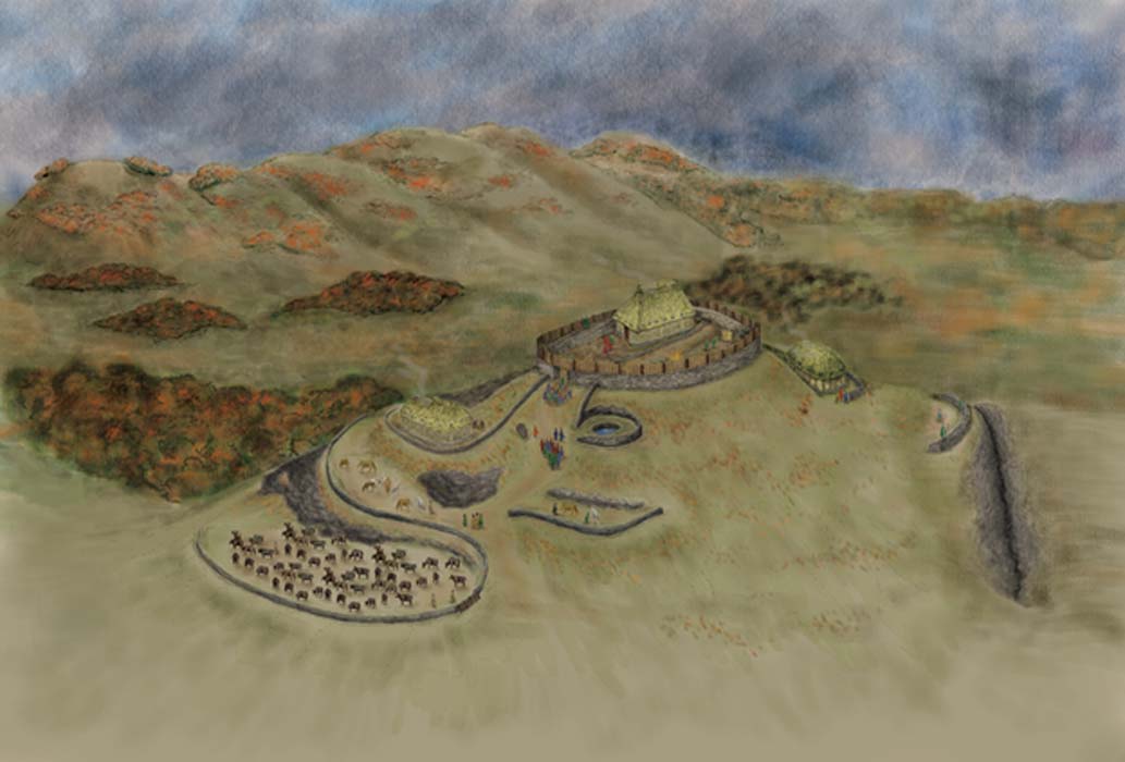 Portada - Recreación artística de Trusty’s Hill, erróneamente considerado un asentamiento picto hasta ahora y tras la reciente investigación probable emplazamiento de la fortaleza real del reino britano perdido de Rheged, datado en torno al año 600 d. C. (DGNHAS / GUARD Archaeology Ltd)