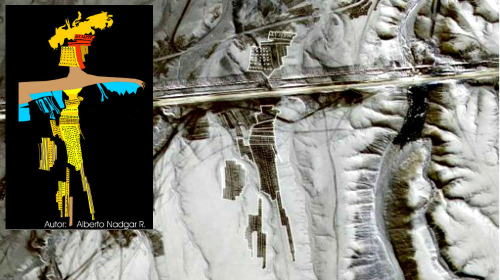 Portada - Imagen vía satélite del geoglifo gigante al que Alberto Nadgar Rojas ha bautizado como “Rey Mallku” junto a la representación gráfica del mismo. (Fotografía cortesía de Alberto Nadgar Rojas).