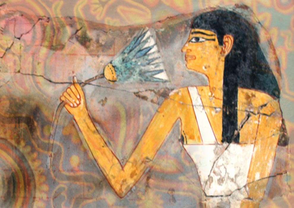Portada - Composición: fragmento de la pintura mural de una tumba del antiguo Egipto en la que aparece una mujer sentada con un loto azul en su mano derecha (CC BY-NC 2.0), sobre una pintura de la cultura Huichol de fondo (CC BY-SA 4.0).