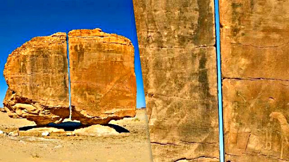 Portada - El corte, tan extremadamente preciso, ha planteado la hipótesis de que la partición del megalito de Al-Naslaa fuera producida por una tecnología desconocida (Fotografía: DiscloseTV/La Gran Época)