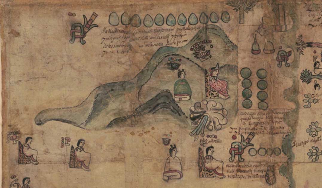 Portada - Detalle de la sección superior izquierda del Códice Quetzalecatzin (1593). [México: autor no identificado] Mapa obtenido de la Biblioteca del Congreso. (Dominio público)