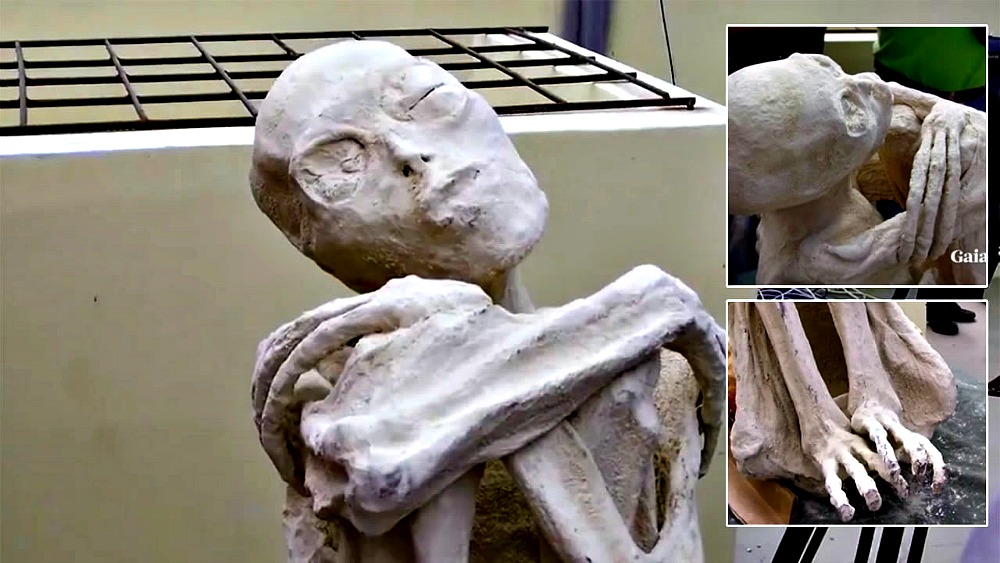Portada - Fotocomposición con diferentes imágenes de la supuesta momia extraterrestre descubierta recientemente en Nazca. (Código Oculto)
