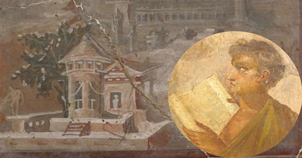 Portada - Fresco en el que se observa a un joven leyendo uno de los papiros de Herculano. (Public Domain) Fondo: Fresco romano de la Villa de los Papiros (Herculano). (Sailko/CC BY 3.0)