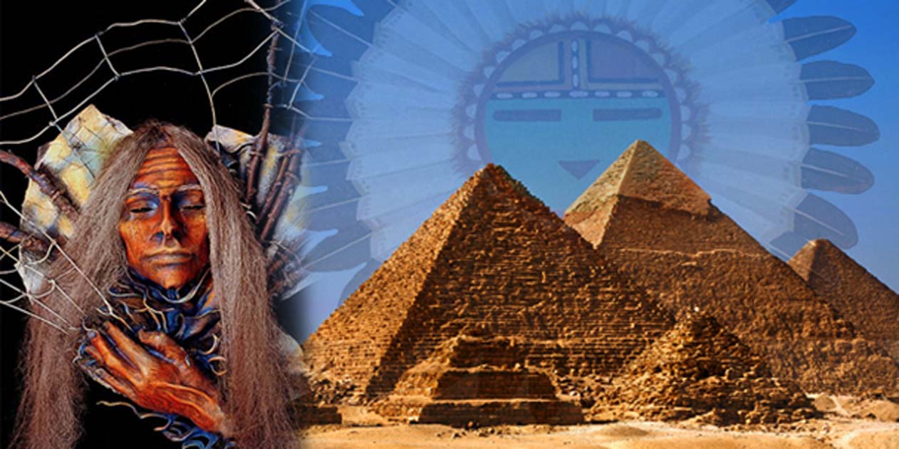 Portada - Derecha, Pirámides de la meseta de Guiza (CC BY-SA 2.0) y Creador de la mitología Hopi (Public Domain). Izquierda: la Mujer Araña del folklore nativo americano (CC BY-SA 3.0). 
