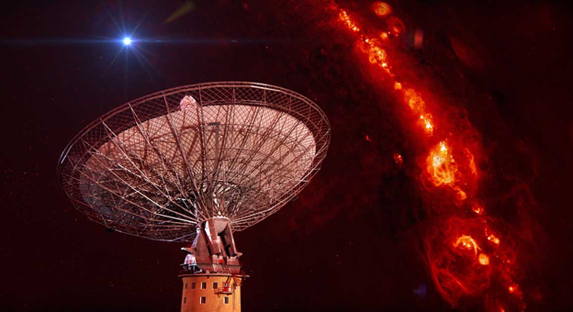 Portada - Radiotelescopio Parkes de la CSIRO y recreación artística de una ráfaga rápida de radio. (Swinburne Astronomy Productions/CAASTRO/ CSIRO/Harvard/Youtube)